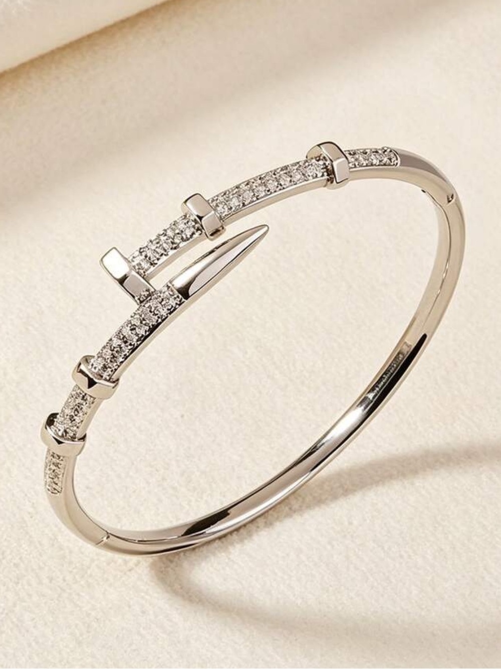 Modern Silver Pave Nail-Style Hinged Bangle Bracelet
